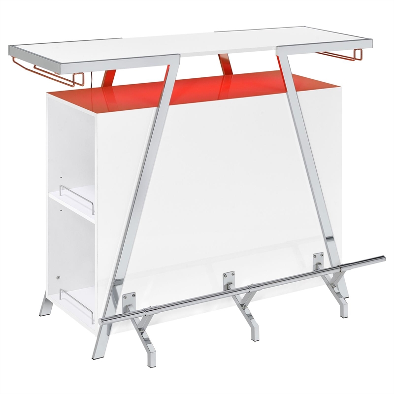 Pemberly Row Contemporary Wood Home Bar with Shelf in White and Chrome