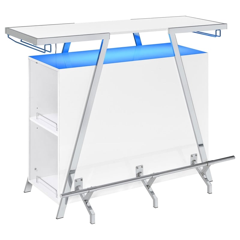 Pemberly Row Contemporary Wood Home Bar with Shelf in White and Chrome