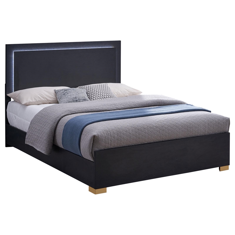 Pemberly Row Contemporary Wood Queen Bed with LED Lighting Black and Gold