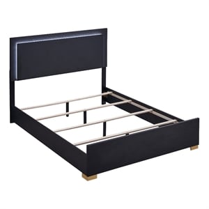 Pemberly Row Contemporary Wood Queen Bed with LED Lighting Black and Gold