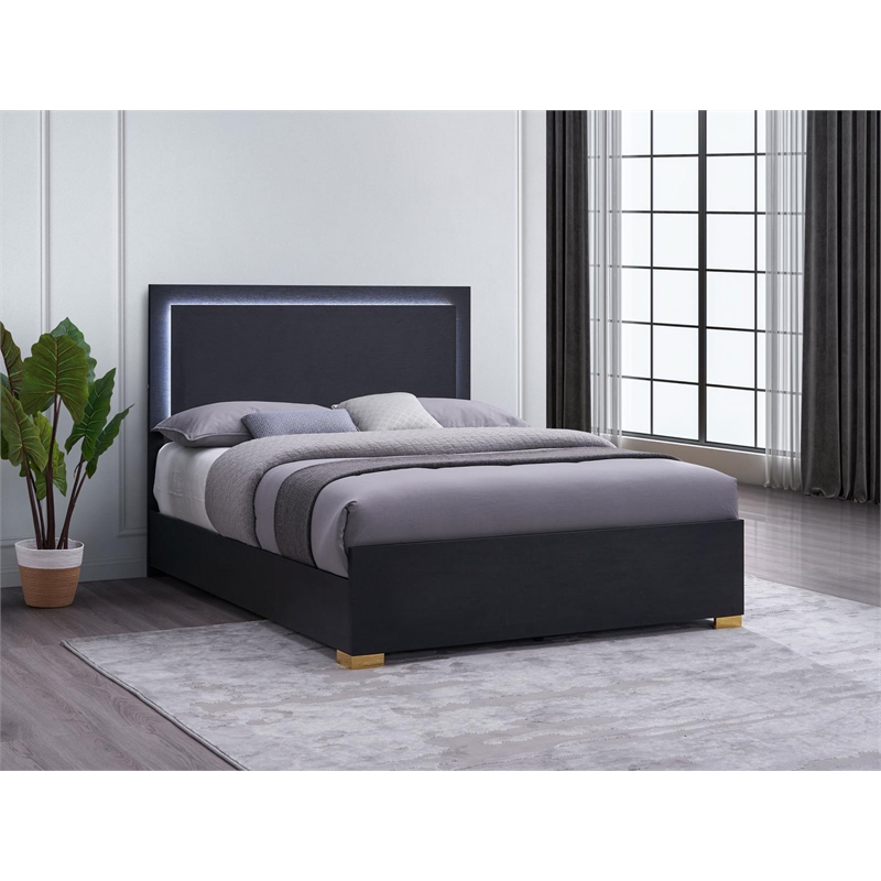 Pemberly Row Contemporary Wood Eastern King Bed with LED Lighting Black and Gold