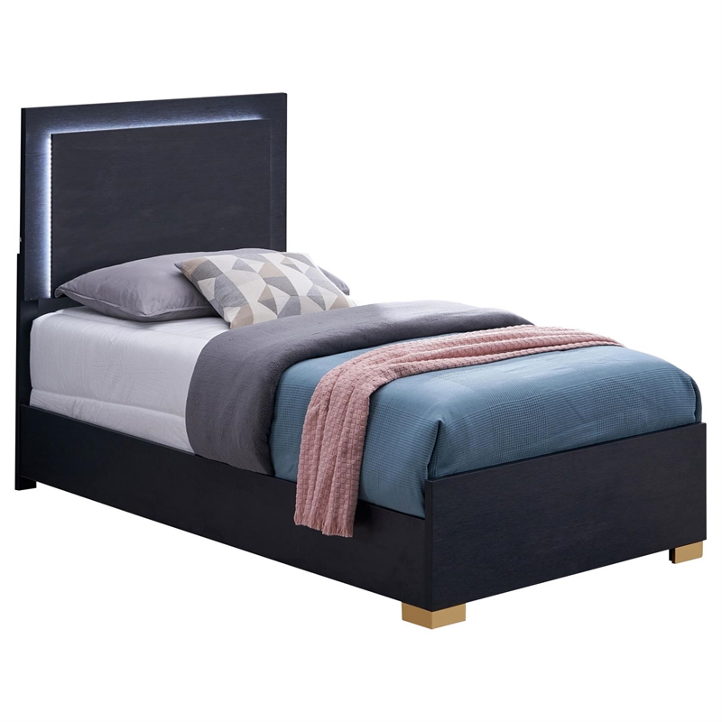 Pemberly Row Contemporary Wood Full Bed with LED Lighting Black and Gold