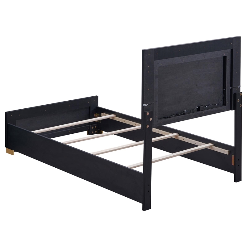Pemberly Row Contemporary Wood Full Bed with LED Lighting Black and Gold