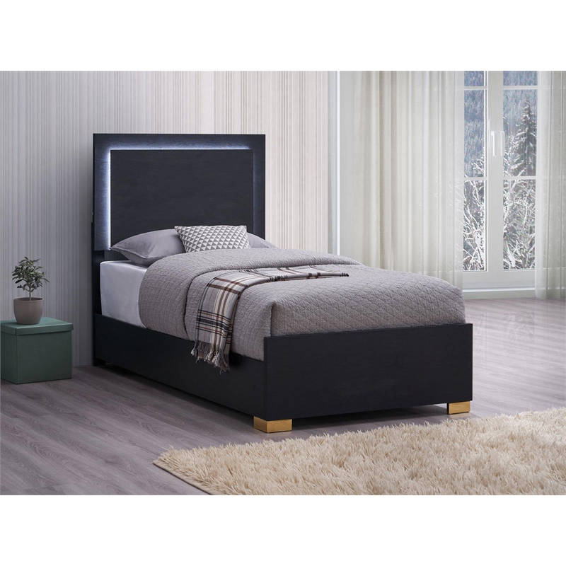 Pemberly Row Contemporary Wood Full Bed with LED Lighting Black and Gold