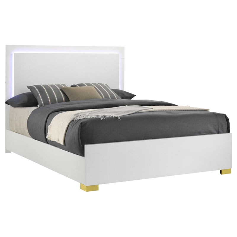 Pemberly Row Contemporary Wood Queen Bed with LED Lighting White and Gold