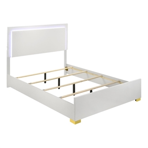 Pemberly Row Contemporary Wood Queen Bed with LED Lighting White and Gold