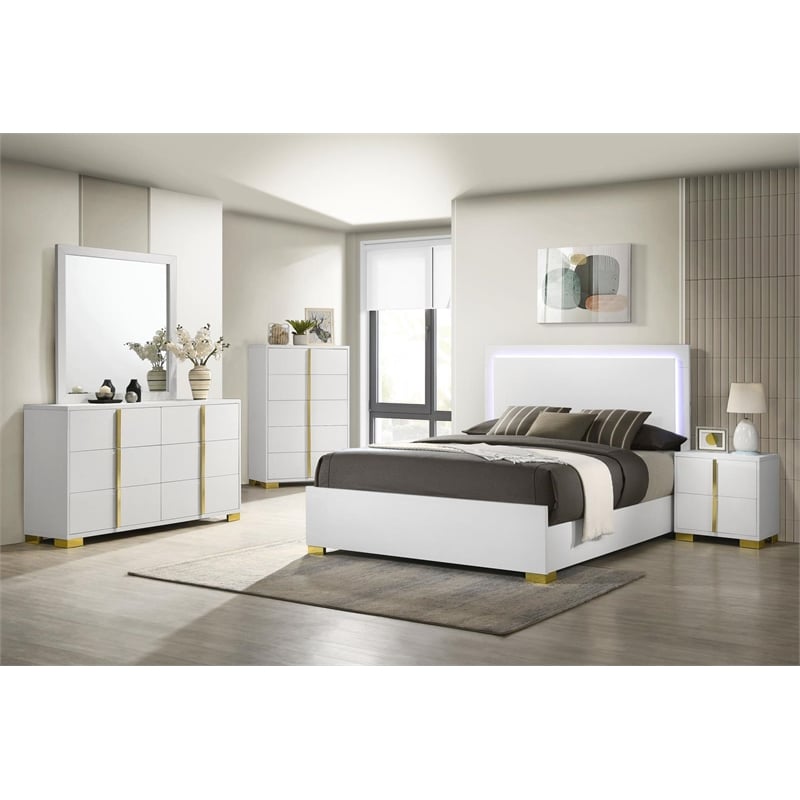 Pemberly Row Contemporary Wood Eastern King Bed with LED Lighting White and Gold