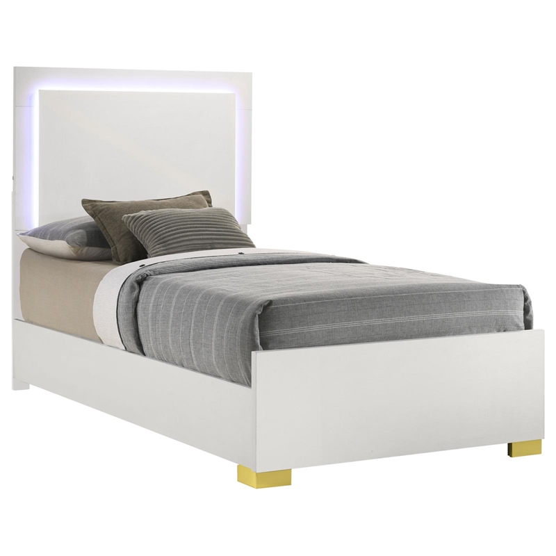 Pemberly Row Contemporary Wood Twin Bed with LED Lighting White and Gold