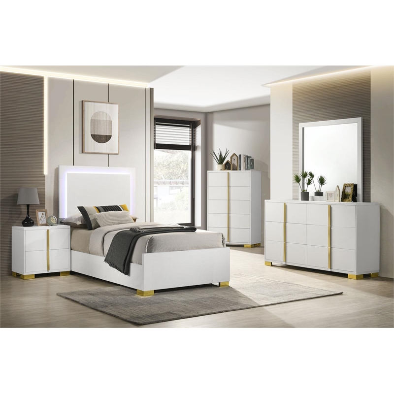 Pemberly Row Contemporary Wood Twin Bed with LED Lighting White and Gold