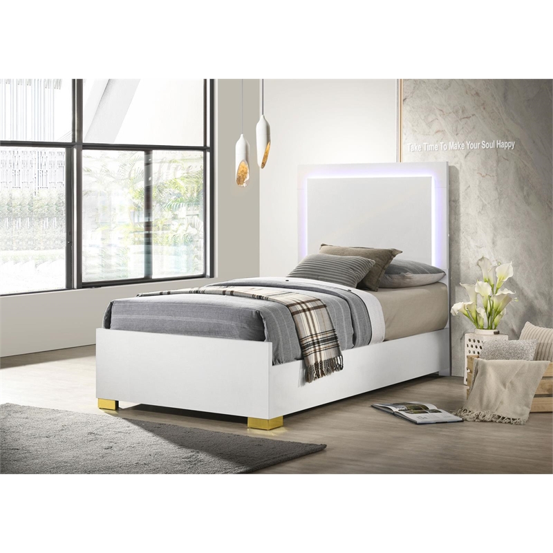 Pemberly Row Contemporary Wood Twin Bed with LED Lighting White and Gold