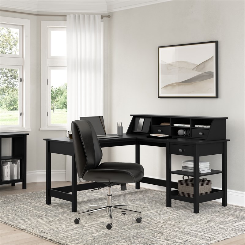 Pemberly Row 60W L Shaped Computer Desk w/ Storage & Organizer in Classic Black