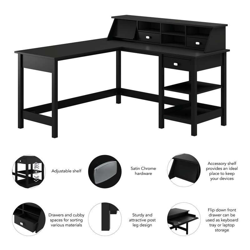Pemberly Row 60W L Shaped Computer Desk w/ Storage & Organizer in Classic Black