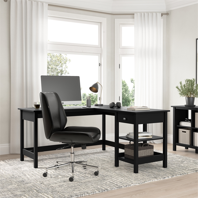 Pemberly Row 60W L Shaped Computer Desk with Storage in Classic Black