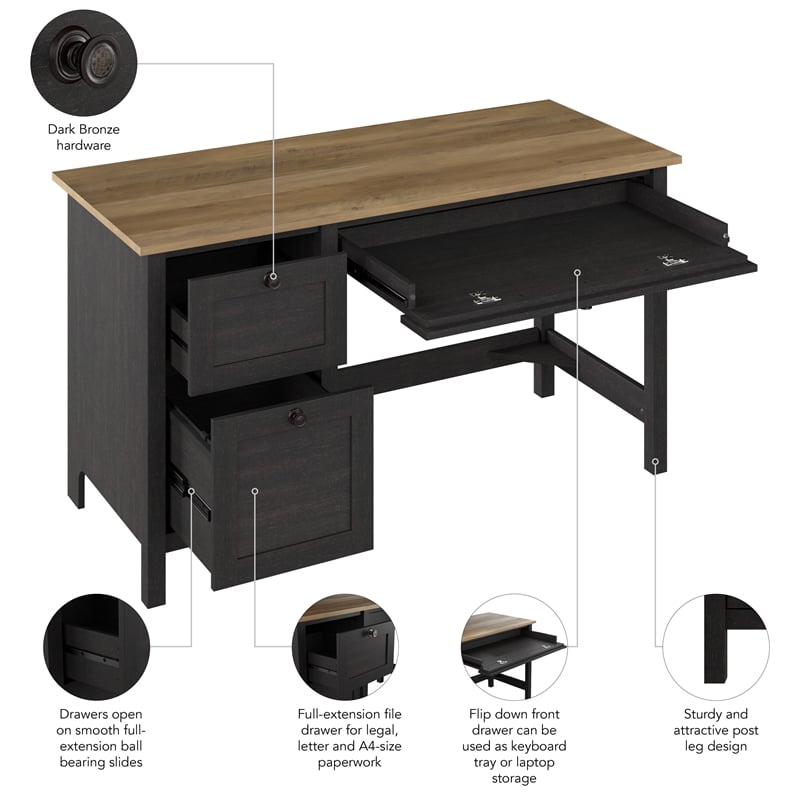 Pemberly Row 54W Computer Desk with Drawers in Vintage Black and Reclaimed Pine