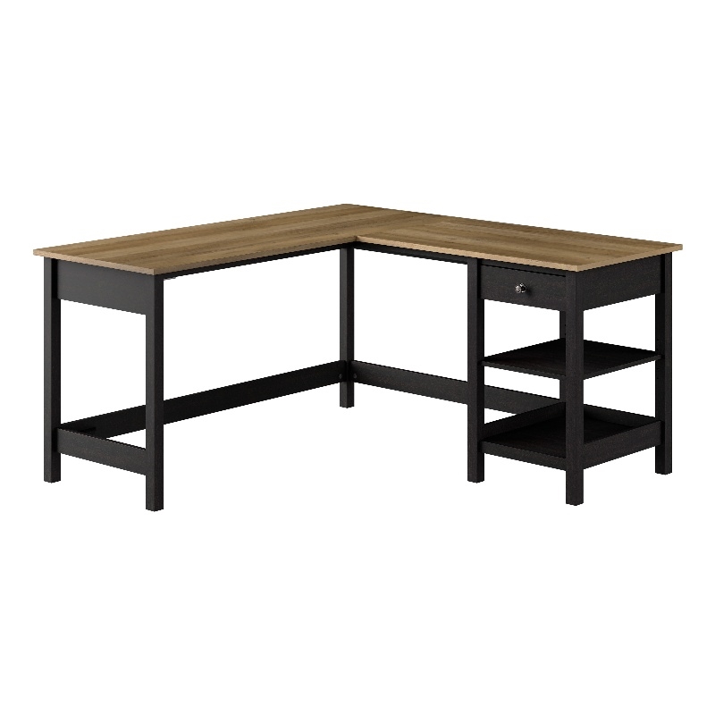 Pemberly Row 60W L Shaped Computer Desk in Vintage Black and Reclaimed Pine