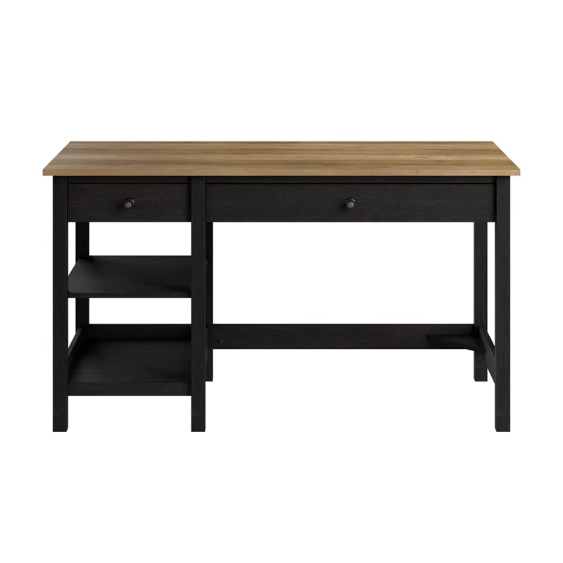 Pemberly Row 54W Computer Desk with Shelves in Vintage Black and Reclaimed Pine