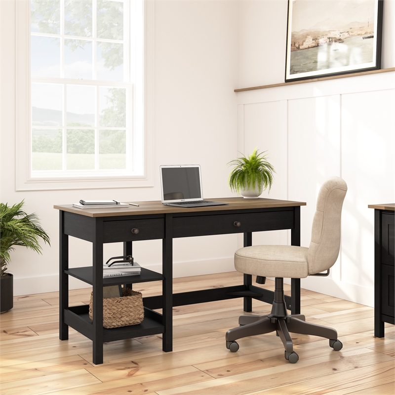 Pemberly Row 54W Computer Desk with Shelves in Vintage Black and Reclaimed Pine