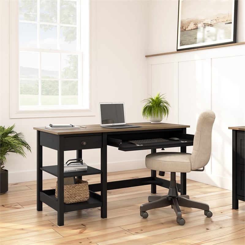 Pemberly Row 54W Computer Desk with Shelves in Vintage Black and Reclaimed Pine