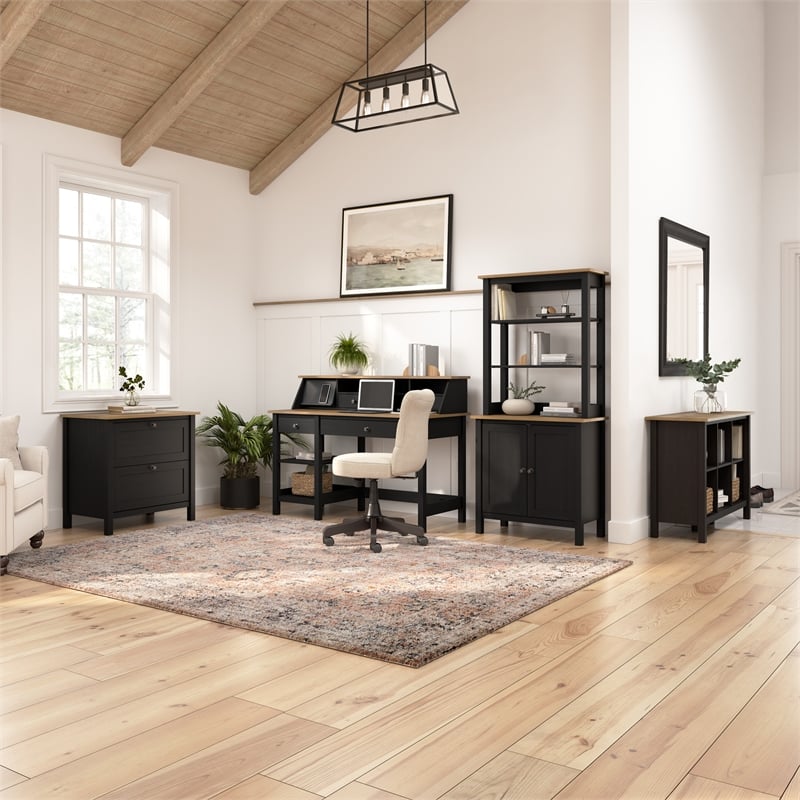 Pemberly Row 54W Computer Desk with Shelves in Vintage Black and Reclaimed Pine