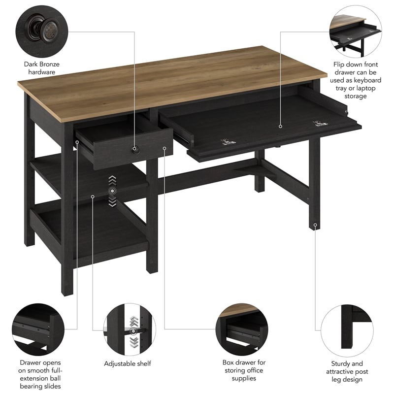 Pemberly Row 54W Computer Desk with Shelves in Vintage Black and Reclaimed Pine
