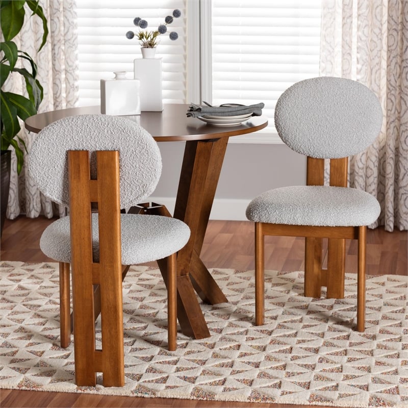 Pemberly Row Gray Boucle Fabric and Brown Wood 2-Piece Dining Chair Set
