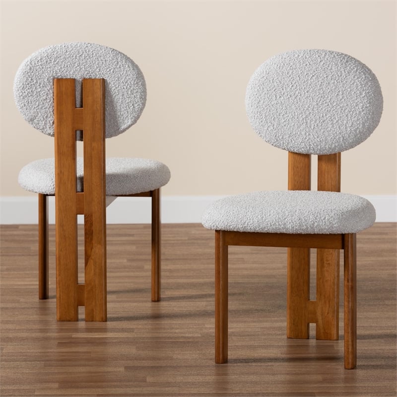 Pemberly Row Gray Boucle Fabric and Brown Wood 2-Piece Dining Chair Set