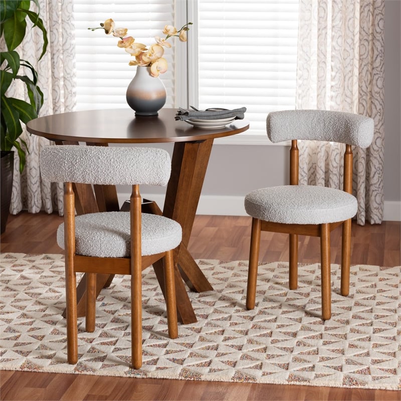 Pemberly Row Gray Boucle Fabric and Brown Wood 2-Piece Dining Chair Set