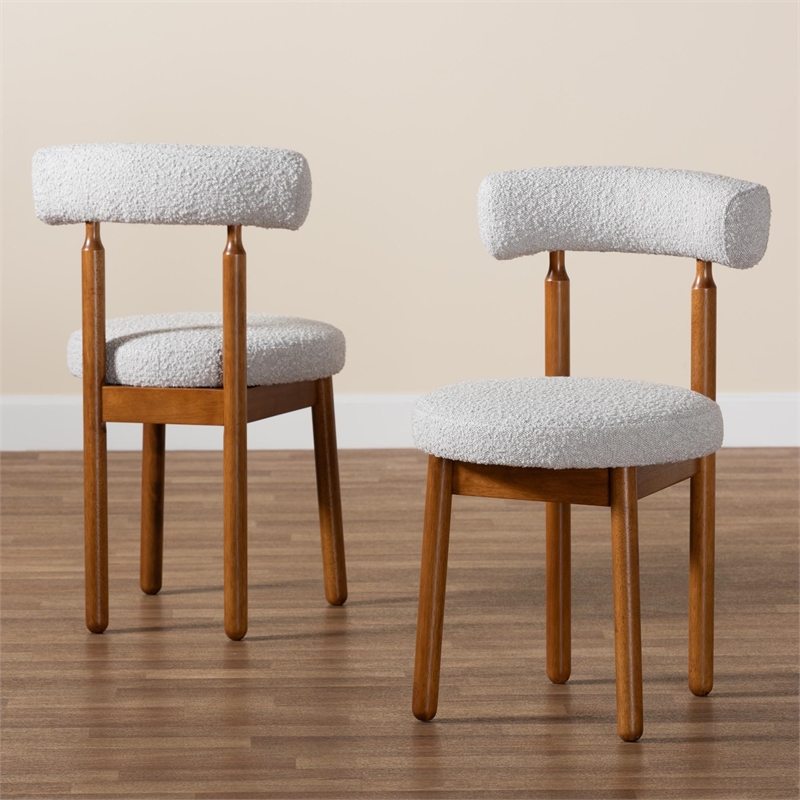 Pemberly Row Gray Boucle Fabric and Brown Wood 2-Piece Dining Chair Set