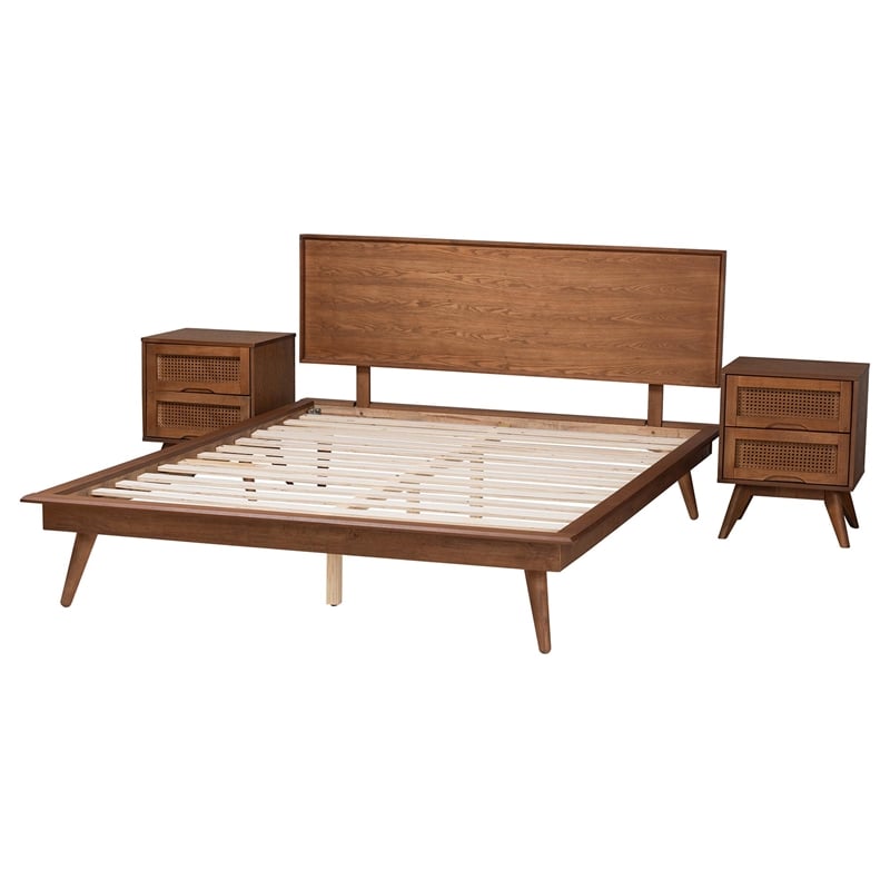Pemberly Row Walnut Brown Wood and Rattan King Size 3-Piece Bedroom Set