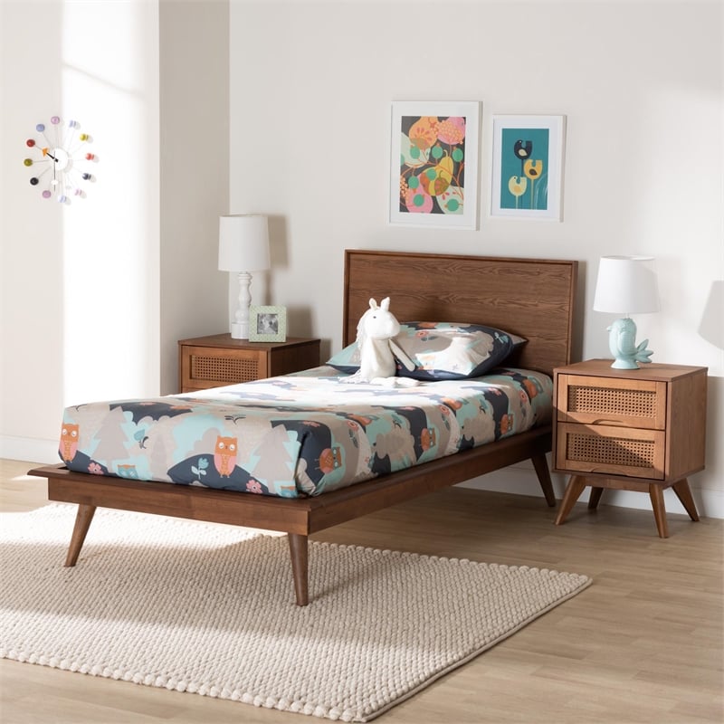 Pemberly Row Walnut Brown Wood and Rattan Twin Size 3-Piece Bedroom Set