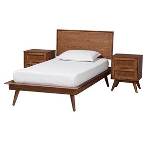 Pemberly Row Walnut Brown Wood and Rattan Twin Size 3-Piece Bedroom Set