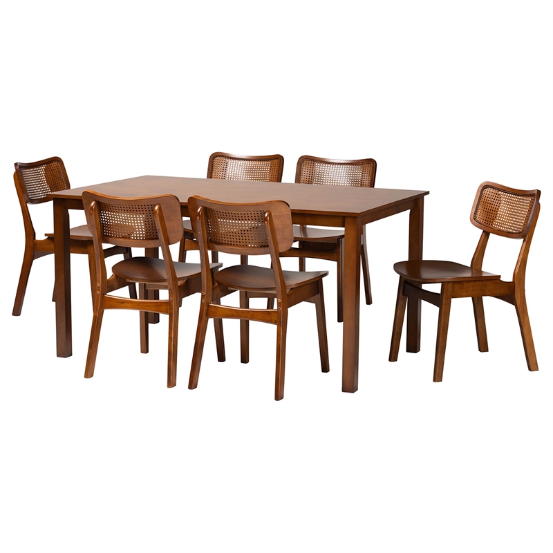 Pemberly Row Walnut Brown Finished Wood and Rattan 7-Piece Dining Set