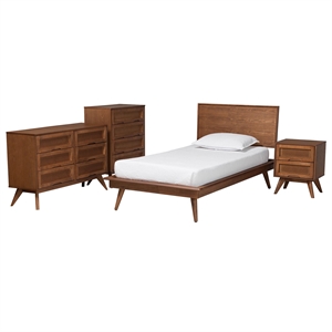 Pemberly Row Walnut Brown Wood and Rattan Twin Size 4-Piece Bedroom Set