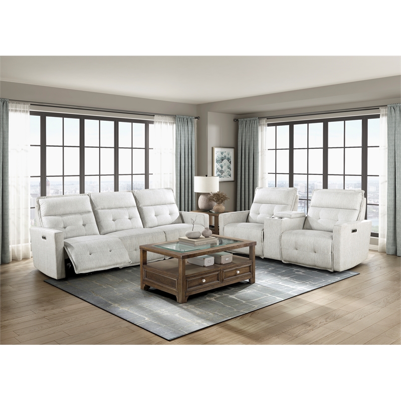 Pemberly Row Power Double Reclining Loveseat with Center Console in White