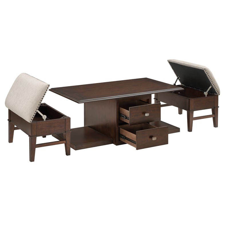 Pemberly Row Wood & Fabric Cocktail Table with 2 Storage Ottomans in Brown
