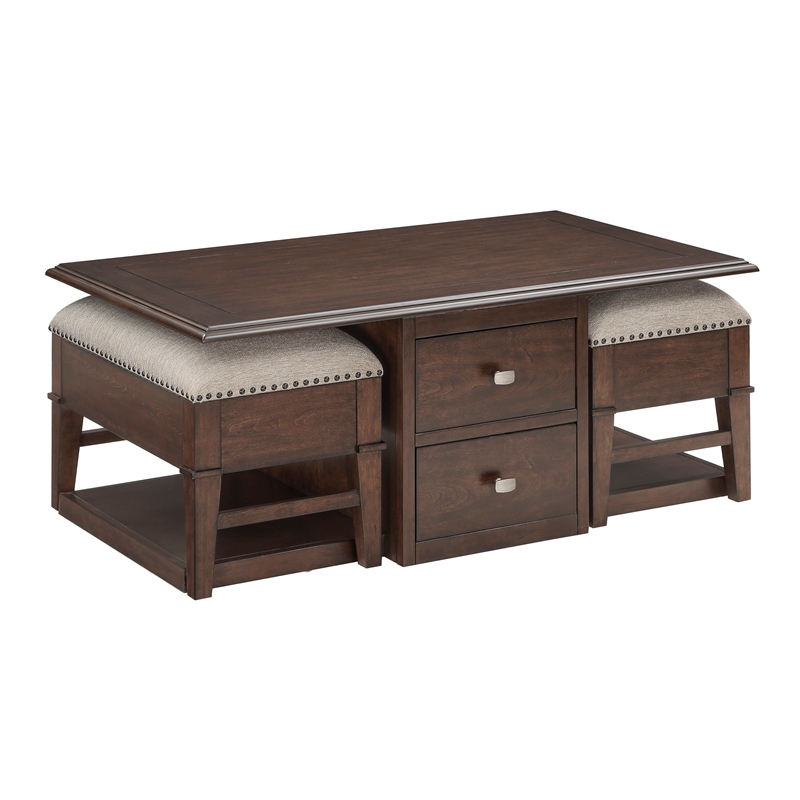 Pemberly Row Wood & Fabric Cocktail Table with 2 Storage Ottomans in Brown