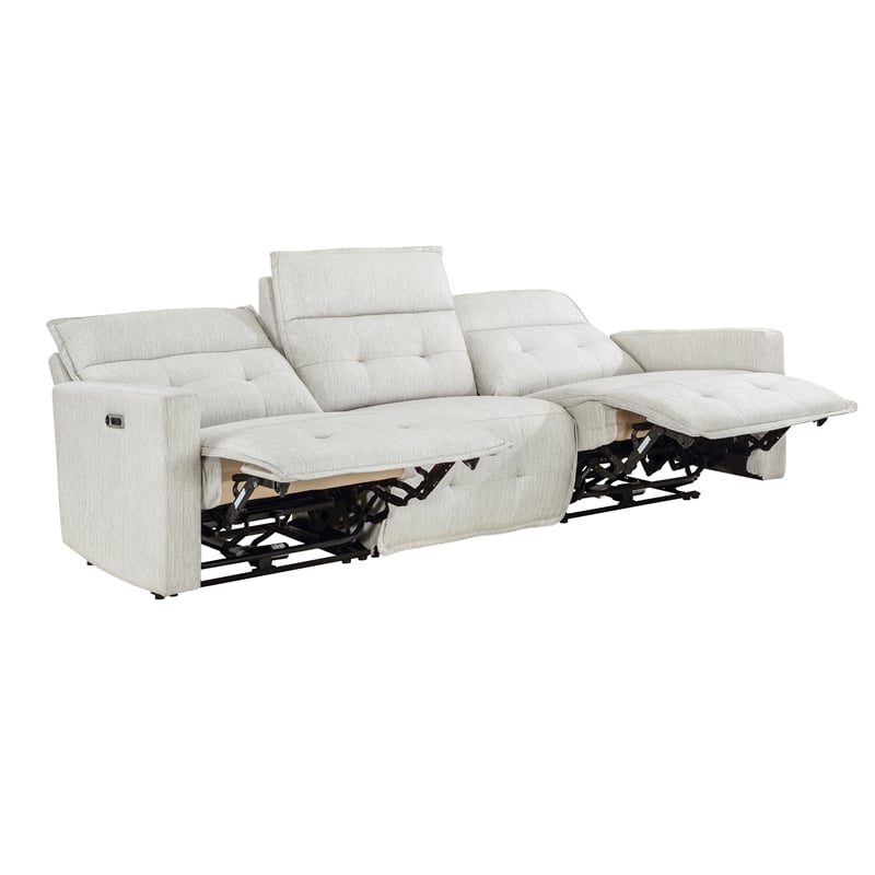 Pemberly Row Fabric Power Double Reclining Sofa with Power Headrests in White