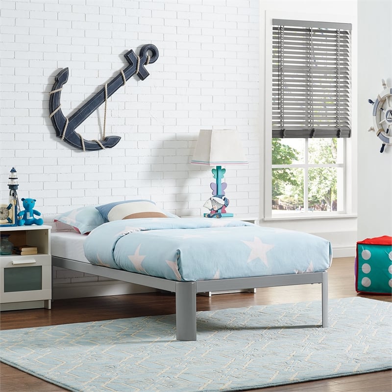 Pemberly Row Modern Platform Metal Twin Bed Frame in Gray Finish