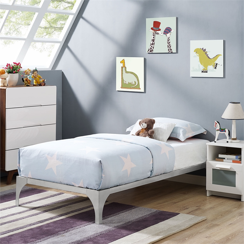 Pemberly Row Modern Platform Metal Twin Bed Frame in Silver Finish