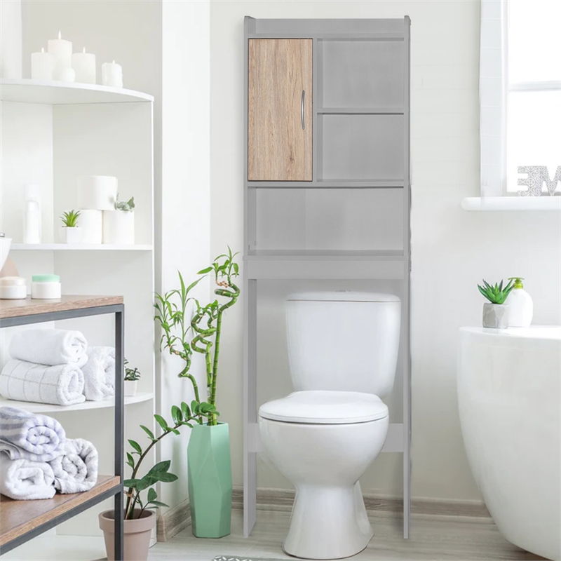 Pemberly Row Modern Over the Toilet Storage Cabinet in Light Gray & Oak