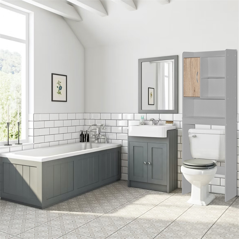 Pemberly Row Modern Over the Toilet Storage Cabinet in Light Gray & Oak