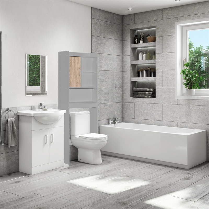 Pemberly Row Modern Over the Toilet Storage Cabinet in Light Gray & Oak
