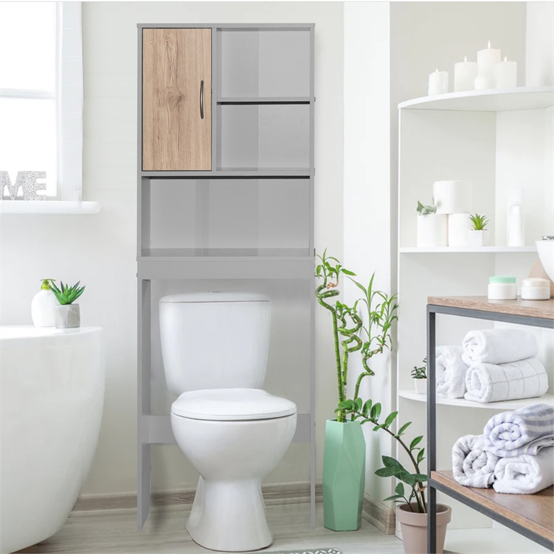 Pemberly Row Modern Over the Toilet Storage Organizer in Light Gray & Oak