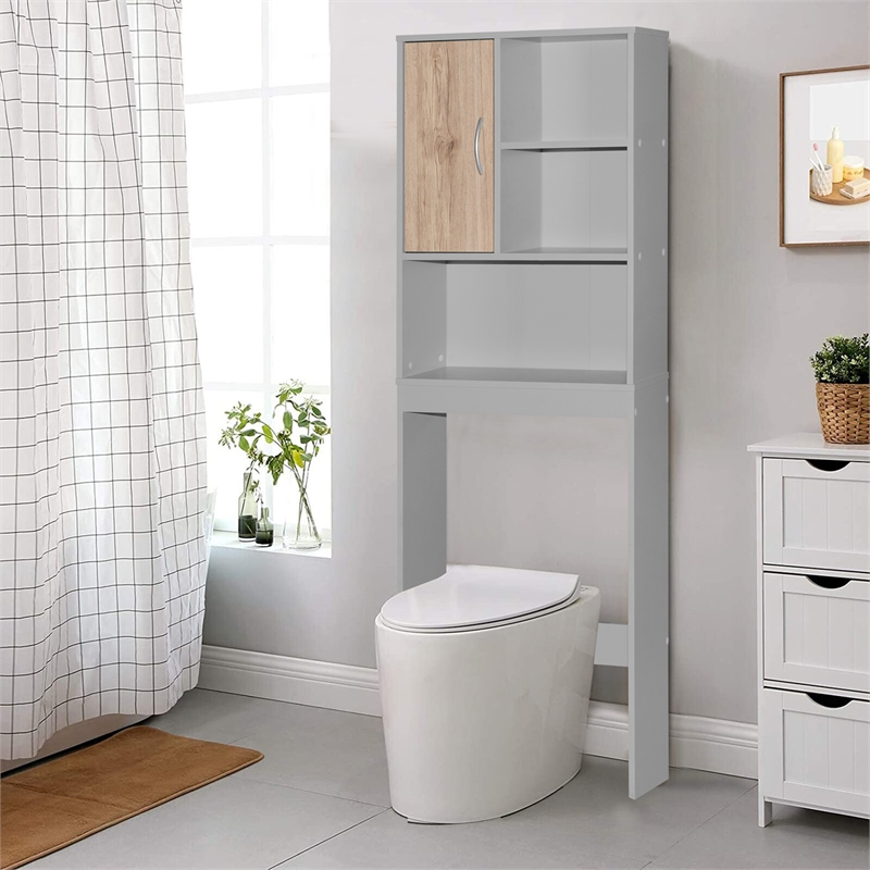 Pemberly Row Modern Over the Toilet Storage Organizer in Light Gray & Oak