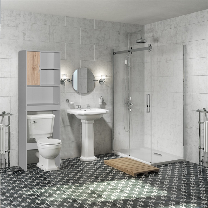 Pemberly Row Modern Over the Toilet Storage Organizer in Light Gray & Oak