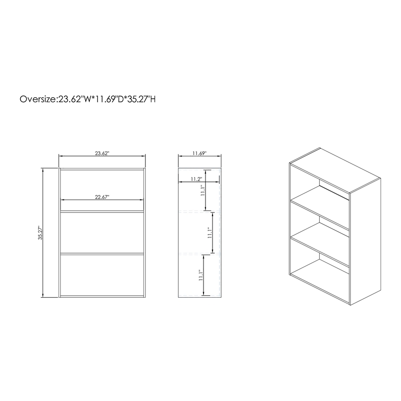 Pemberly Row Modern Stackable Wood 3-Shelf Bookcase in White