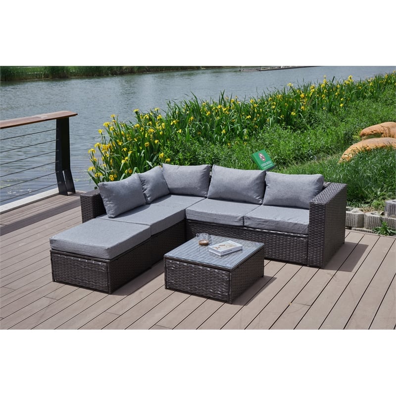 Pemberly Row Gray Wicker / Rattan Sectional with Glass top Coffee table