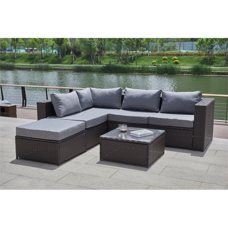 Pemberly Row Gray Wicker / Rattan Sectional with Glass top Coffee table