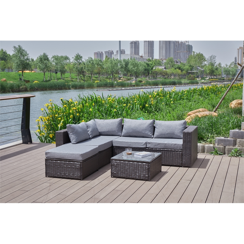 Pemberly Row Gray Wicker / Rattan Sectional with Glass top Coffee table