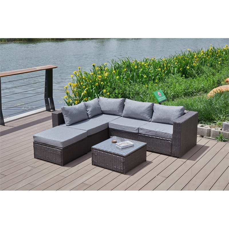 Pemberly Row Gray Wicker / Rattan Sectional with Glass top Coffee table